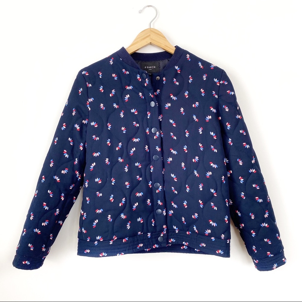 FRNCH Navy Printed Button Up Bomber Jacket Small